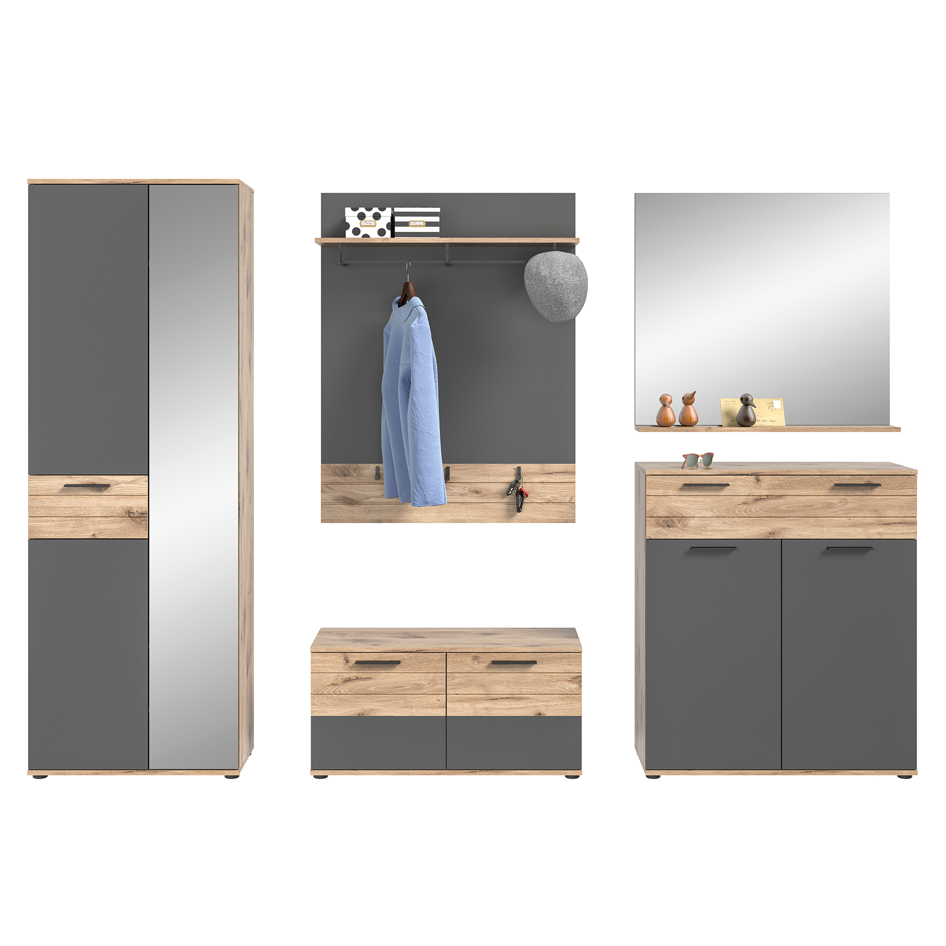 5-teiliges Set Garderobe MASON - Nox Oak-Basalt grau