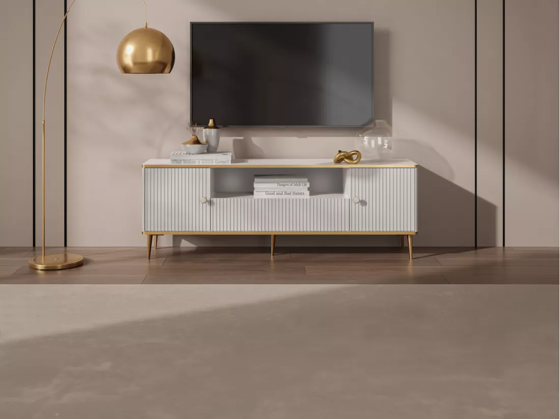 Meuble TV avec 2 portes, 1 tiroir et 1 niche en MDF et acier - Blanc et doré - SINEAD de Pascal MORABITO