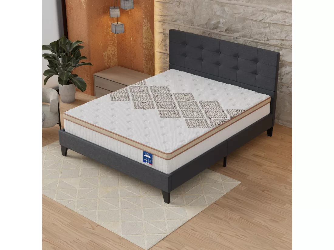 Ensemble Matelas + Lit Avec Tête De Lit 160x200 Cm, Errakis 28cm D’épaisseur Mousse Haute Densité