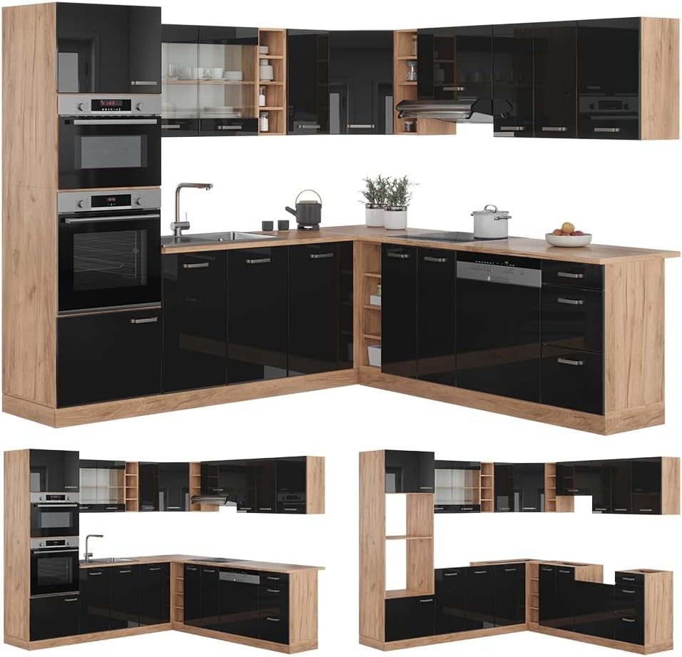 Vicco Eckküche R-Line, Schwarz Hochglanz/Goldkraft Eiche, 237 x 247 cm ohne Arbeitsplatte