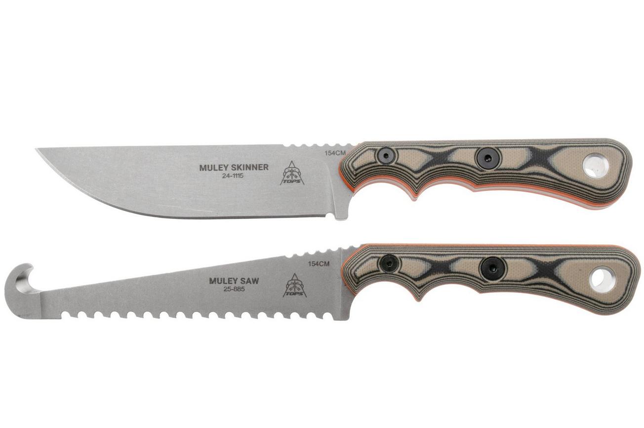TOPS Knives Muley Combo MCMB-01, 154CM Tumble Finish, Tan Black G10, Leather Sheath, jacht set, Leo Espinoza design
