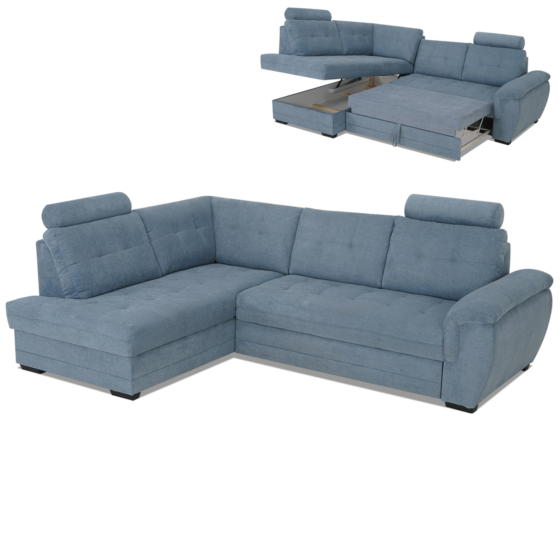 Ecksofa - blue - Velours - Liegefunktion - Staukasten links