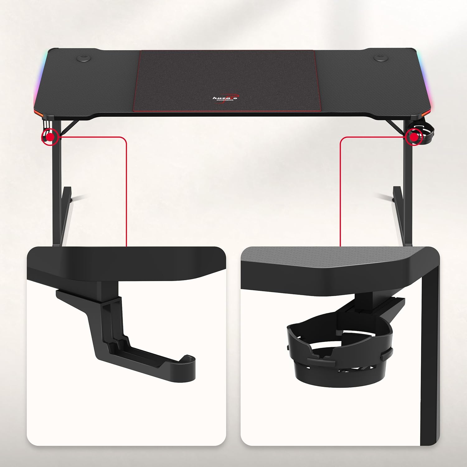 huzaro Hero 4.8 RGB | LED Gaming PC Tisch XXL Schreibtisch | Inklusive Mauspad | Kopfhörerhaken Getränkehalter | Kabelorganisator | Carbon Tischplatte | Stabiler Computertisch | 160x60cm | Schwarz