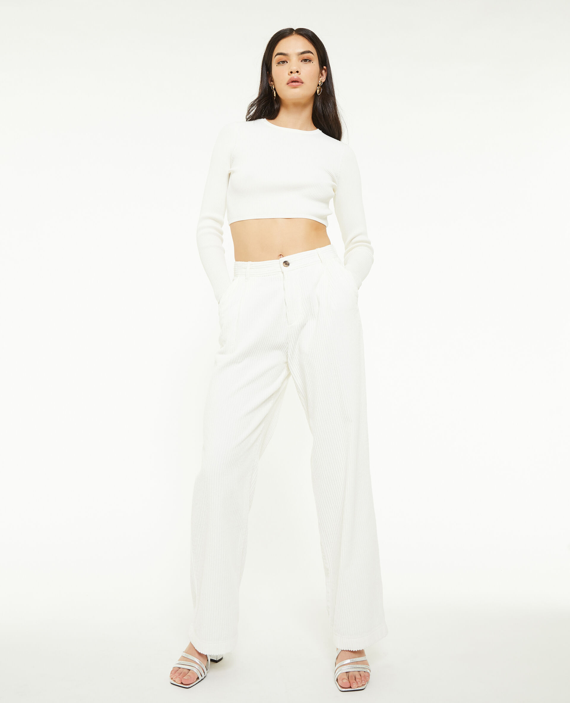 Pantalon velours droit avec pinces - Blanc
