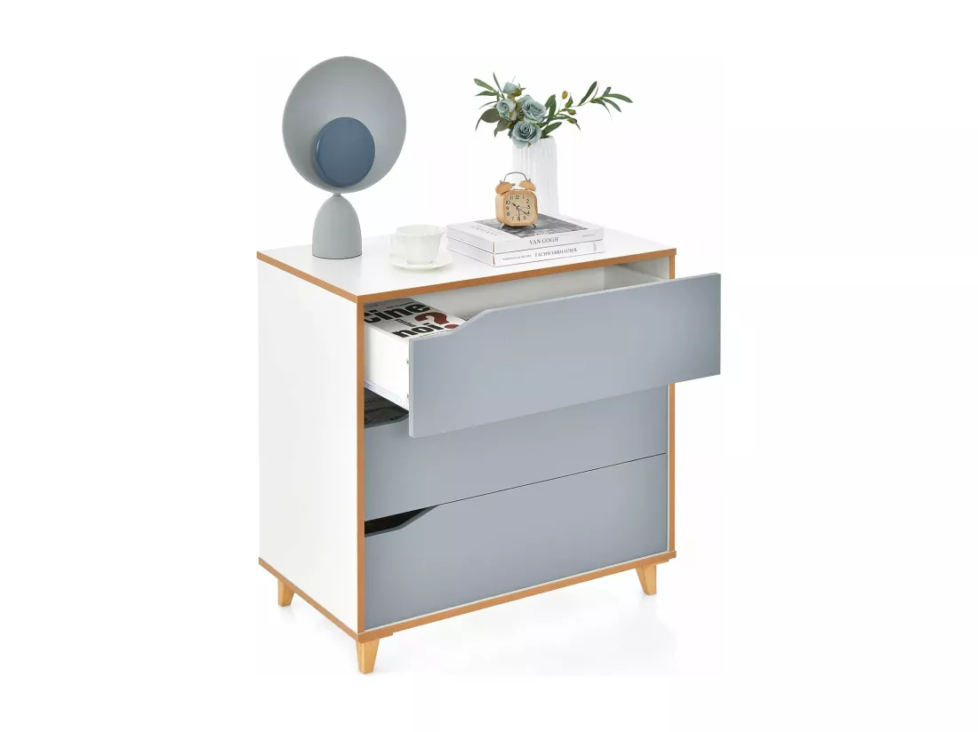 Commode Chambre 3 Tiroirs, Commode Chambre Adulte, Chiffonnier Commode Gris Bois, Design Scandinave, Poignée Intégrée, Dispositif Anti-basculement Inclus, 75 x 42 x 75 cm