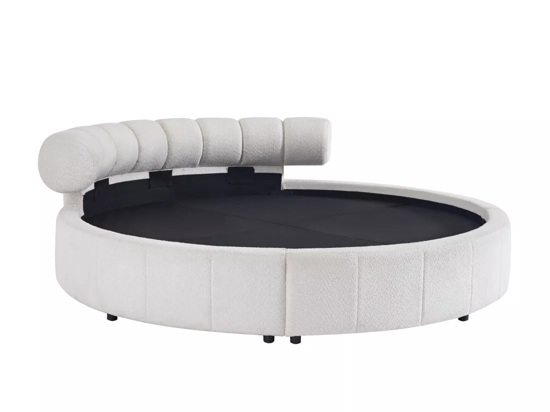 Lit rond 220 x 220 cm - Tissu bouclette - Blanc + Matelas - ROGILA