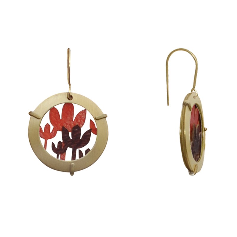 Boucles d'Oreilles Laiton Anneau et Fleurs en Cuir