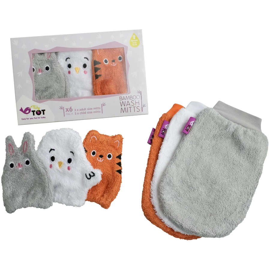 TidyTot Waschhandschuhe Tidy Tot Bambus Waschhandschuhe 3 Paar MausPinguinTiger