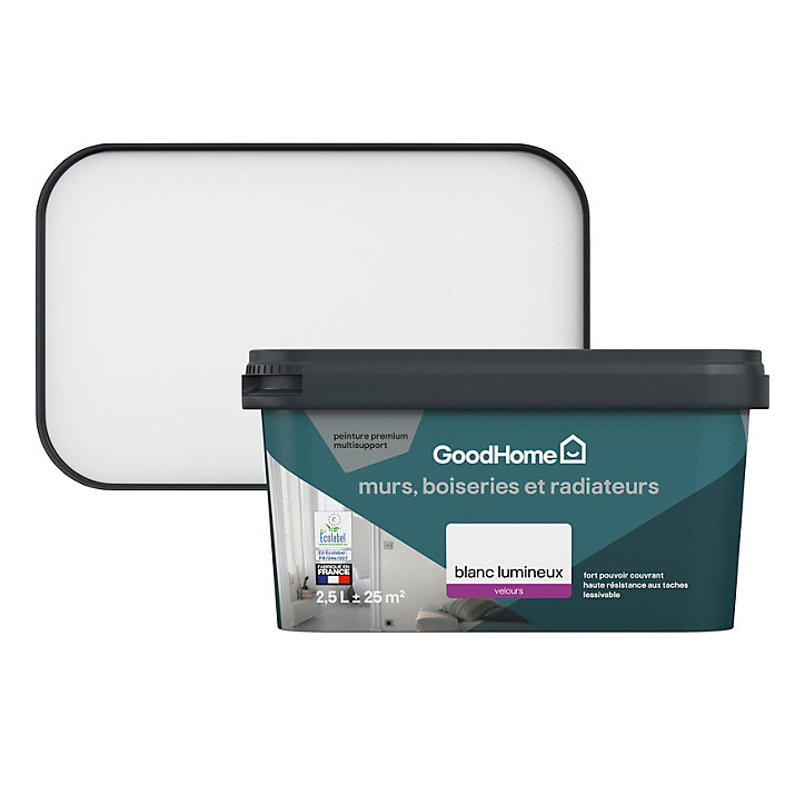 Peinture murs, plafonds et radiateurs GoodHome blanc lumineux velours 2,5L