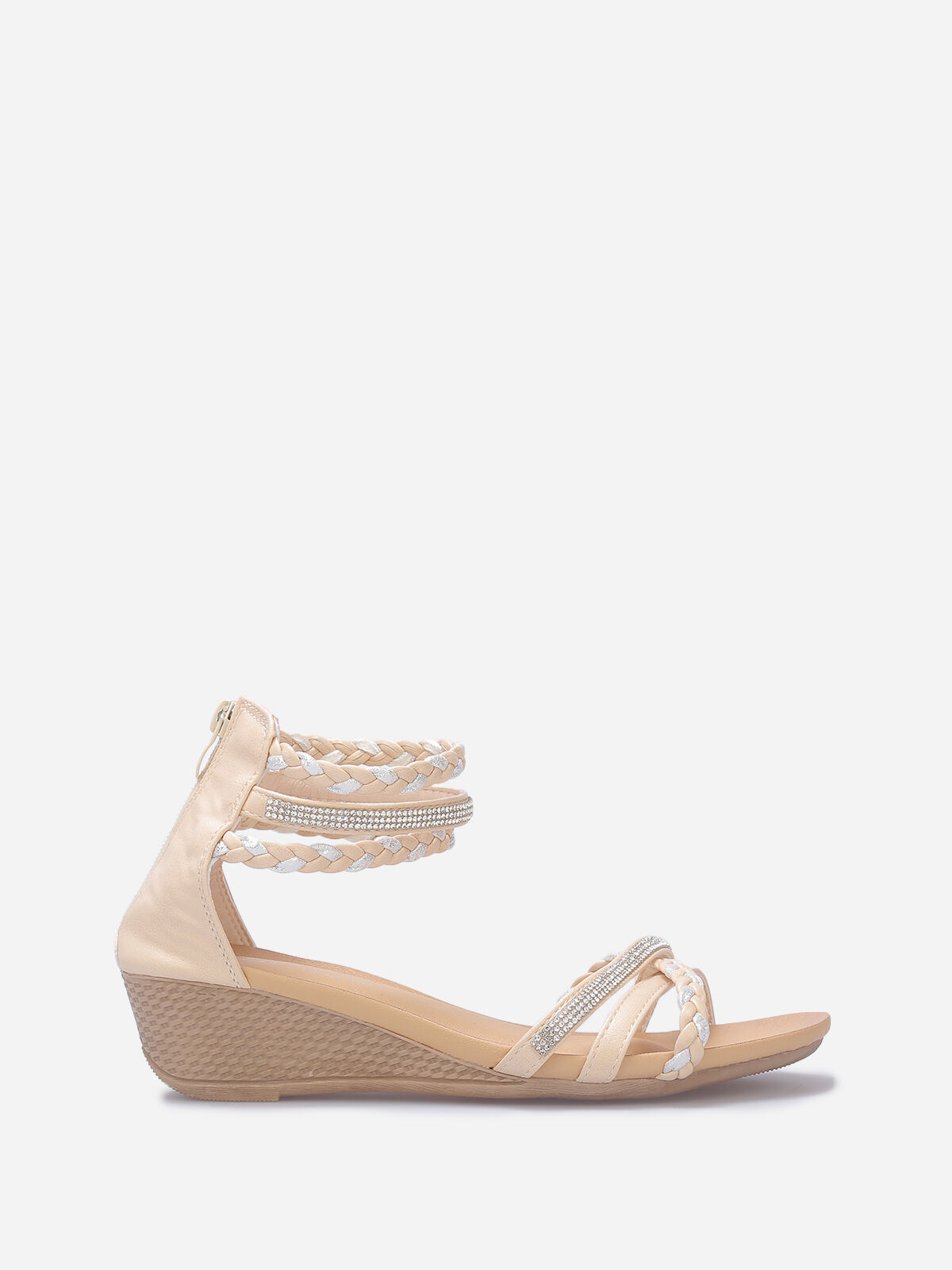 Sandales compensées avec brides à strass- Beige