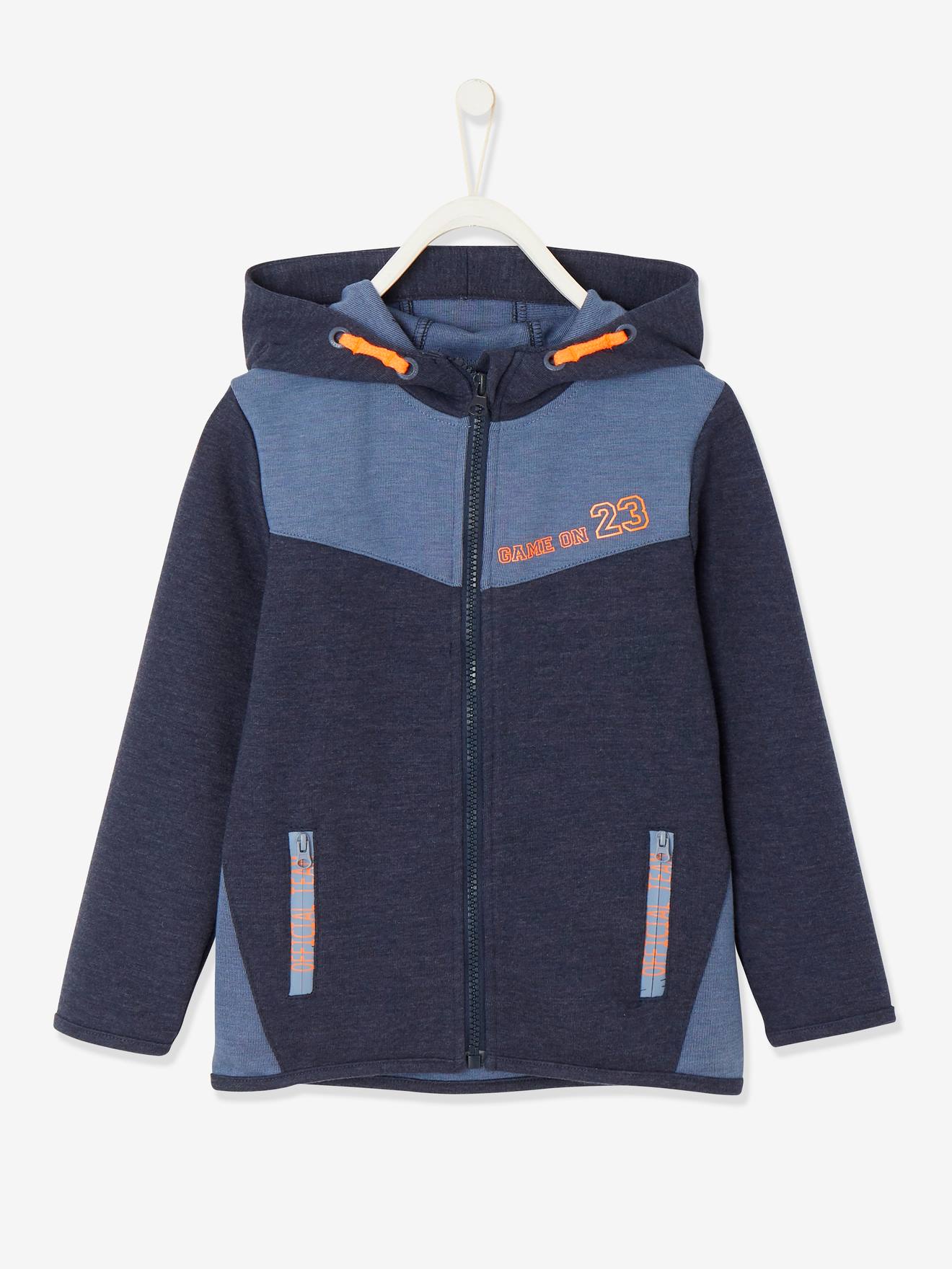 Moletom técnico infantil com zíper na cor azul-escura lisa.