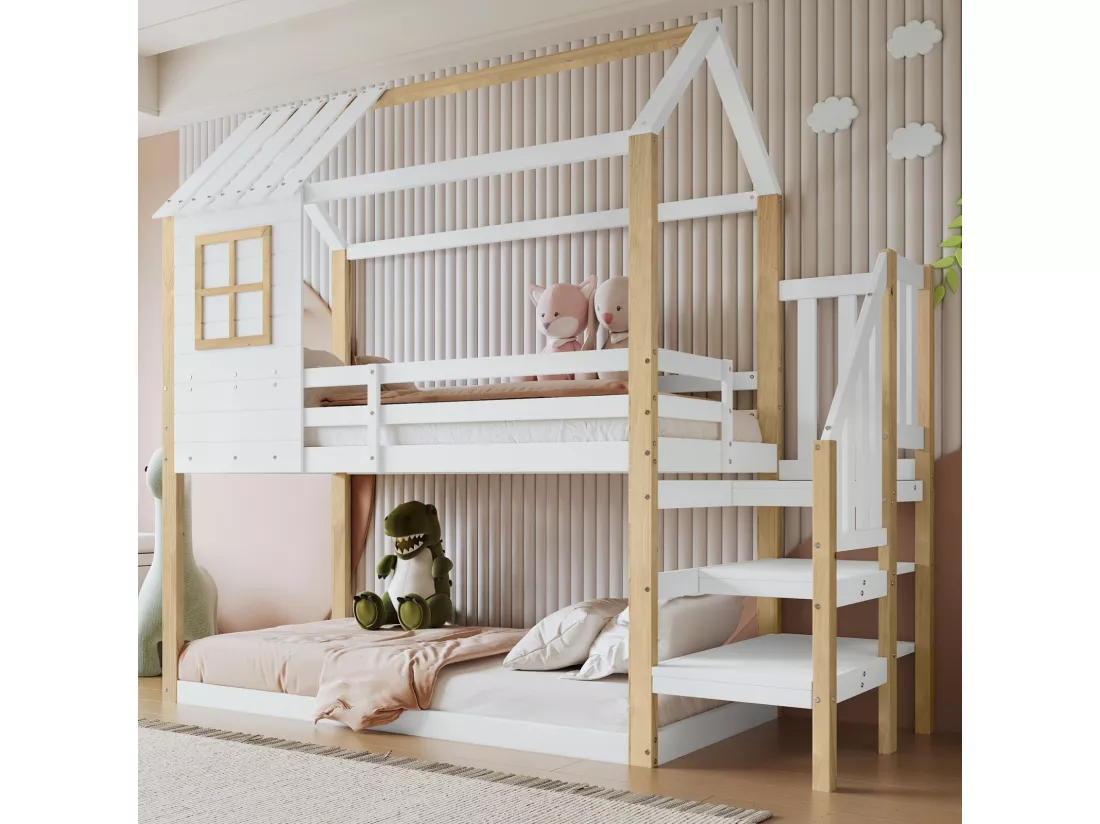 Lits superposés cabane avec escaliers d'angle et clôtures - 2 x 90 x 200 cm - double certifié FSC et EN747 - Pin - Blanc
