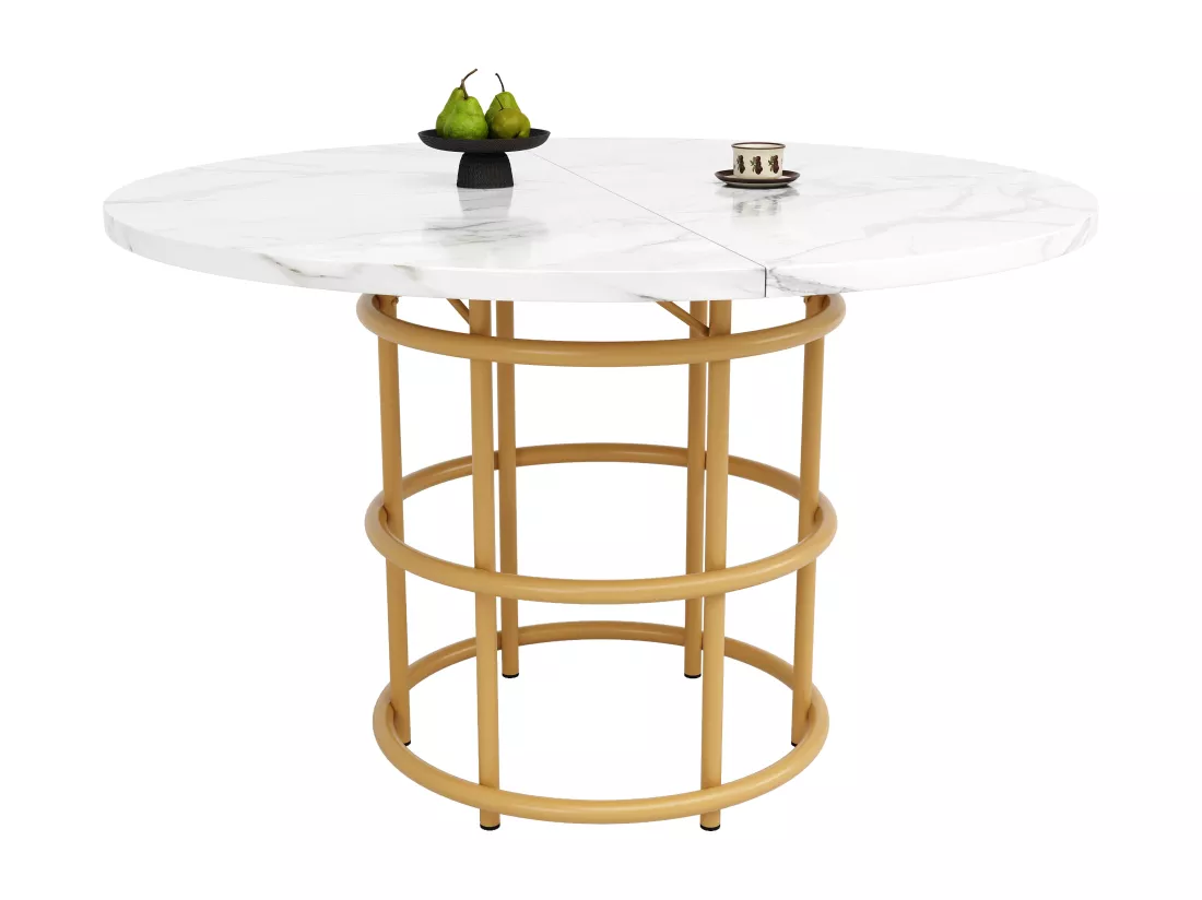 Table à manger ronde 4 à 6 couverts - D 100 x H 76 cm - Plateau marbré - MDF et pièds en métal dorés - Blanc + or