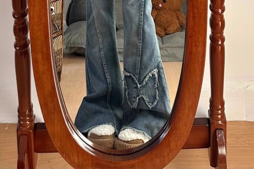 Kloitrinm - Mid Waist Butterfly Applique Washed Flared Jeans