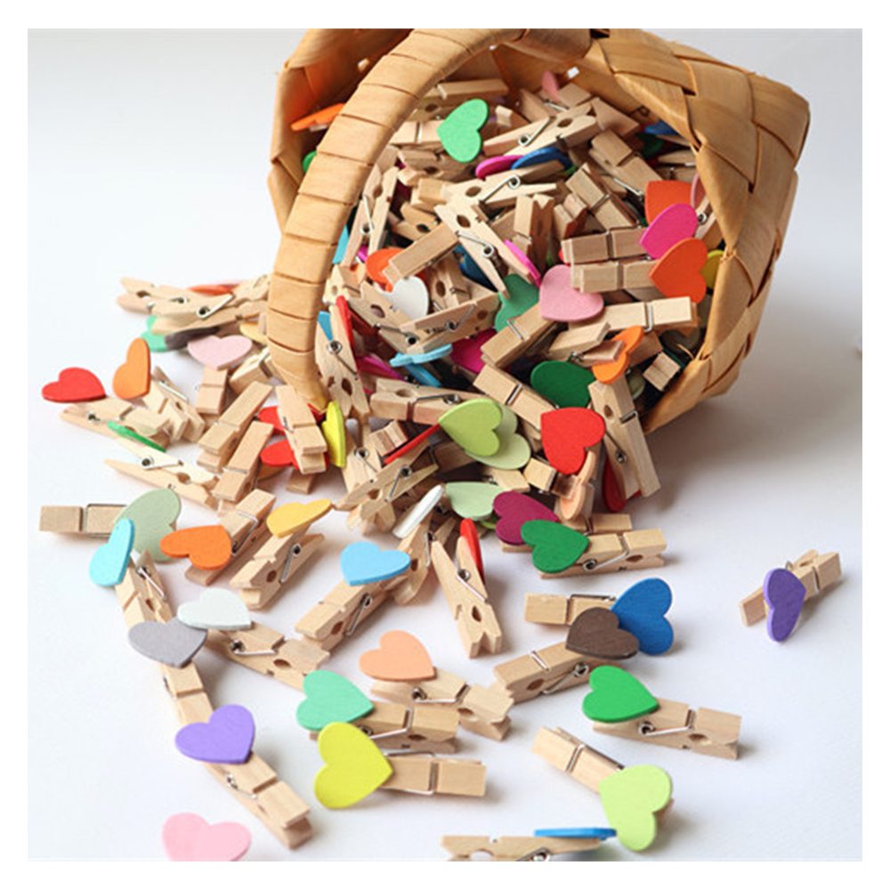 (66-tlg. Set) 4cm Holz Herz Klammern DIY Bastel Deko Wäscheklammern inkl. Jute Schnur   Wand Clips - Bunt