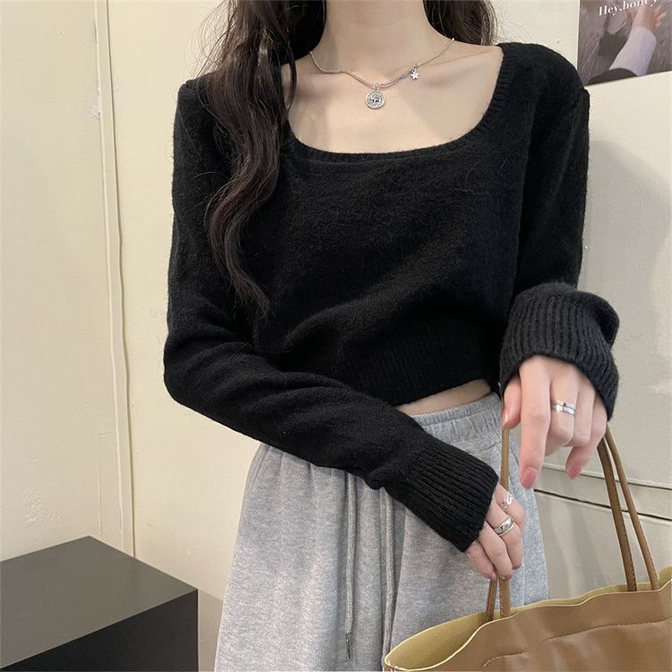 CRIBI - Lange mouwen, vierkante hals, effen crop top