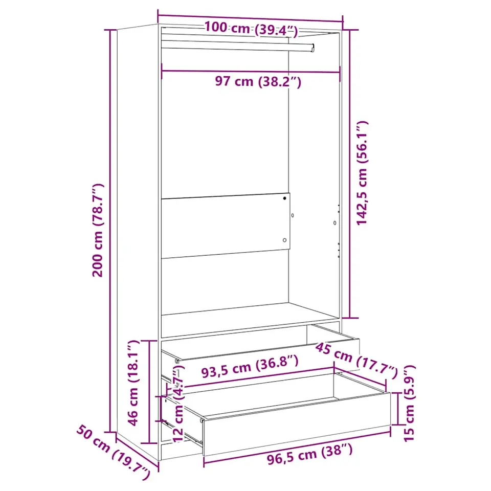 vidaXL - Kledingkast - Bruin - Bewerkt hout - 100 x 50 x 200 cm