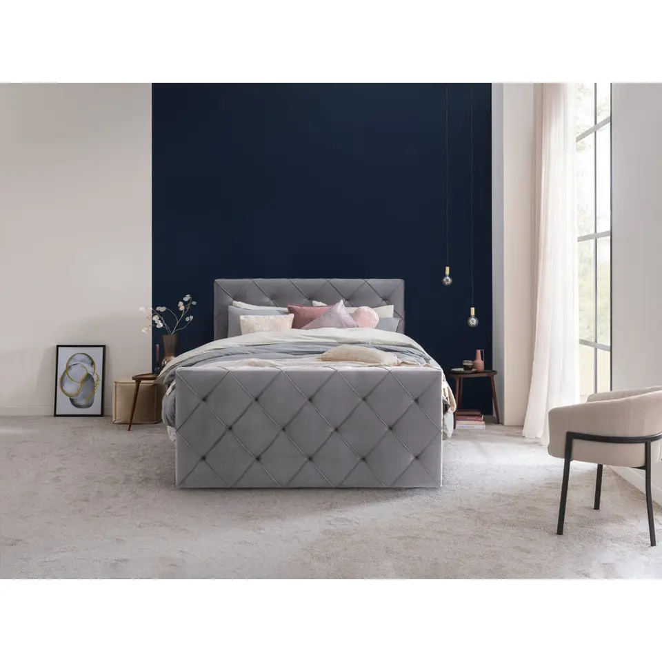 Boxspring met voetbord Liv geruit - grijs - 180x200 cm - vierkante poot