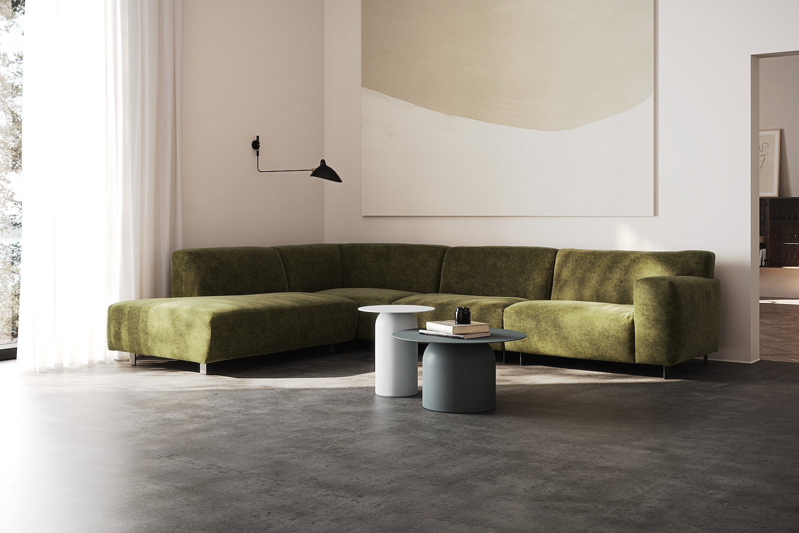 Vesta hjørnesofa 3-seter med åpen ende venstre, Big hjørnemodul, Tekstil Eros Forest, standardsøm, sort metallben 10 cm, Comfort CM