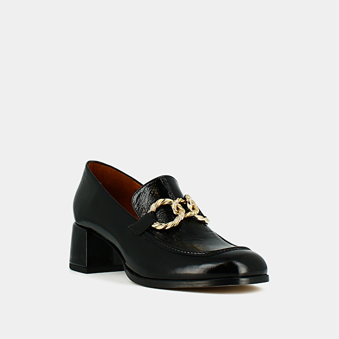 Mocassins à bouts carrés et boucles dorées  en cuir brillant noir