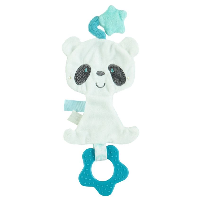 Doudou panda en velours avec anneau de dentition - Bleu