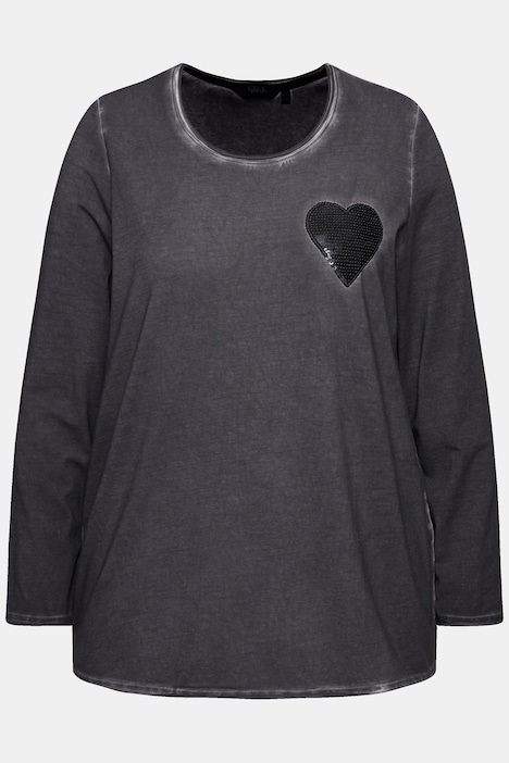 Shirt, cold dyed, Pailletten-Herz, V-Ausschnitt, Langarm