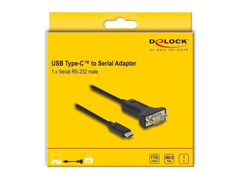 Delock Serial-Adapter USB-C – RS-232 D-Sub 9 Pin mit Mutter Delock Adapter USB Type-C zu 1 x Seriell RS-232 D-Sub 9 Pin Stecker mit Muttern 1 m