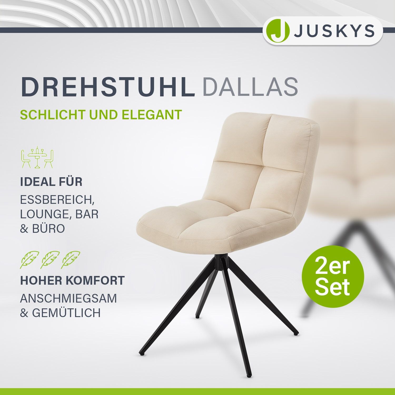 Juskys Drehstuhl Dallas 2er Set - Esszimmerstühle drehbar - Stuhl 120 kg belastbar - Samt Beige