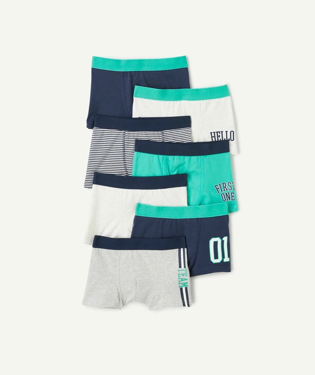 LOT DE 7 BOXERS GARÇON EN COTON BIOLOGIQUE VERT BLEU MARINE ET GRIS
