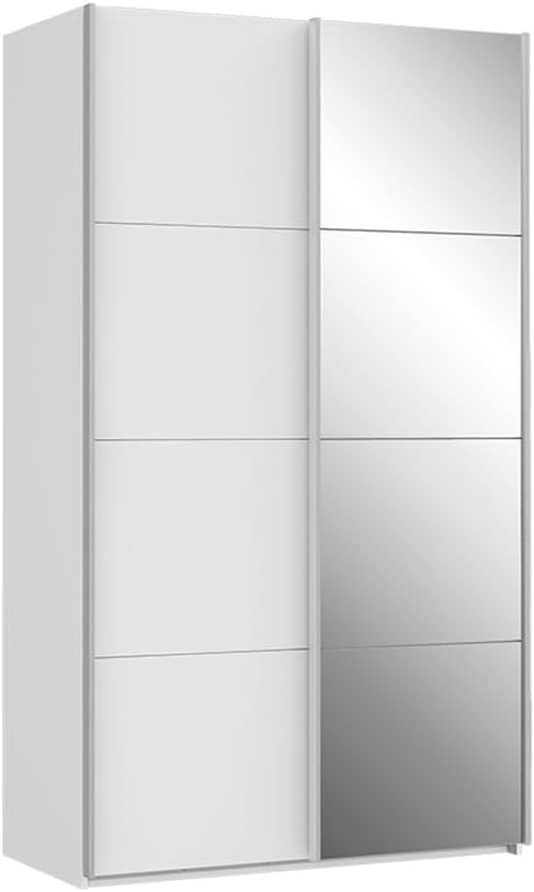 Forte Sapporo Weißer Kleiderschrank 120, moderner Schrank, Schmaler Kleiderschrank mit Spiegel, Spiegelfront, Schwebetüren, Holzwerkstoff, Weiß, 120,1 cm breit x 210,5 cm hoch x 61,2 cm tief