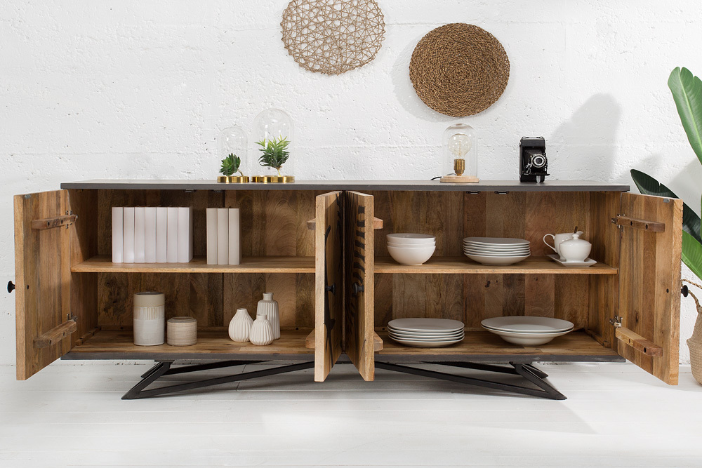Massives Sideboard TROPICAL 160cm grau Mangoholz florales Design Boho Metallgestell