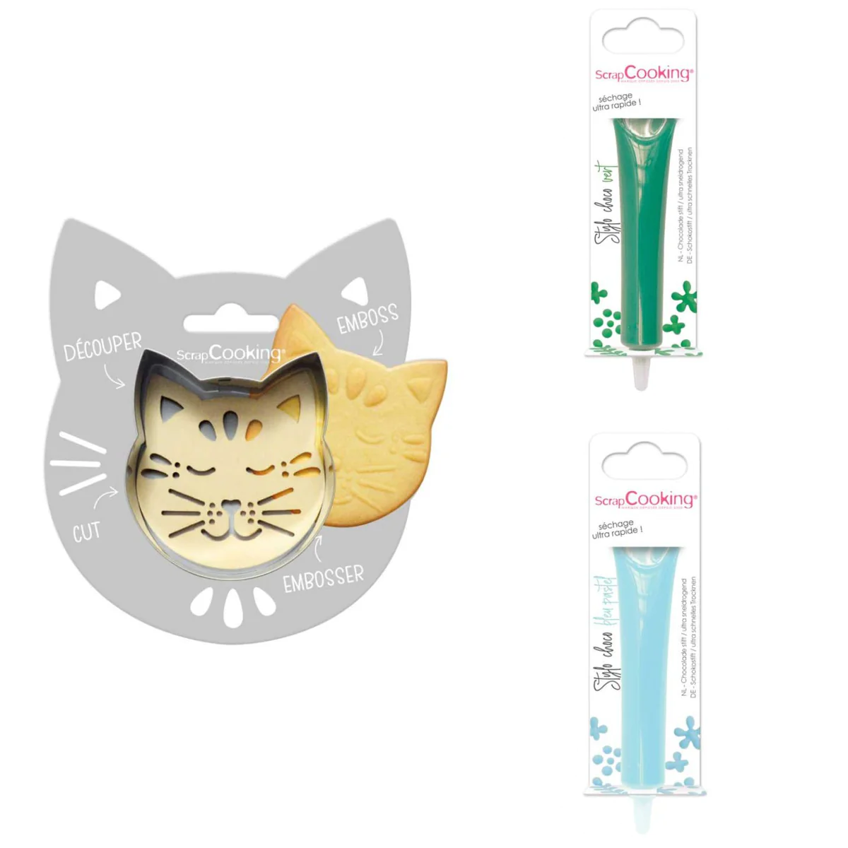 Kit pour biscuit en relief Chat + 2 Stylos au chocolat vert et bleu pa