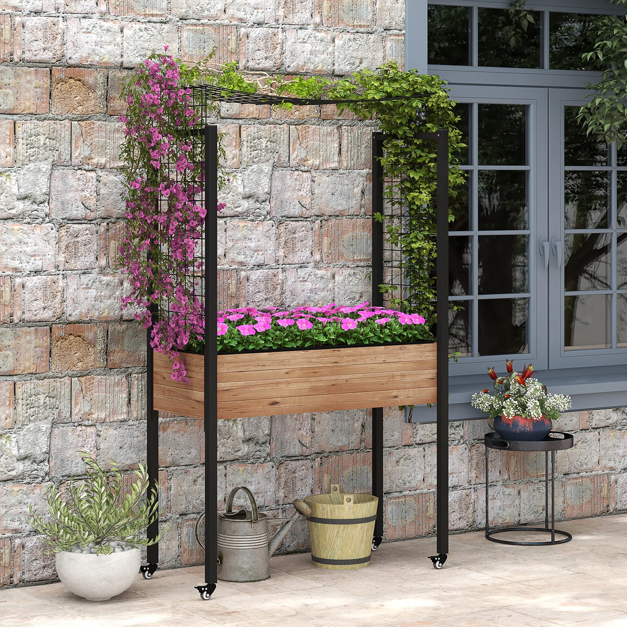 Canteiro Elevado Outsunny com Rodas, Jardim Urbano com Treliça e Orifícios de Drenagem para Plantas Trepadeiras e Flores, Vaso de Madeira, 110x49x190 cm, Marrom