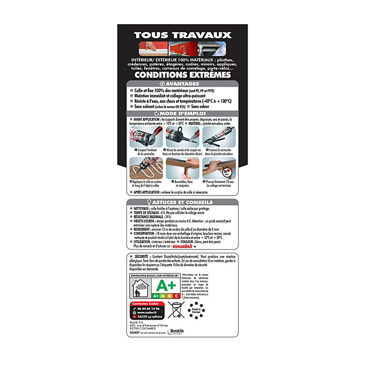 Mastic colle tous travaux blanc Sader Fixer Sans Percer tous matériaux, tube de 50 g