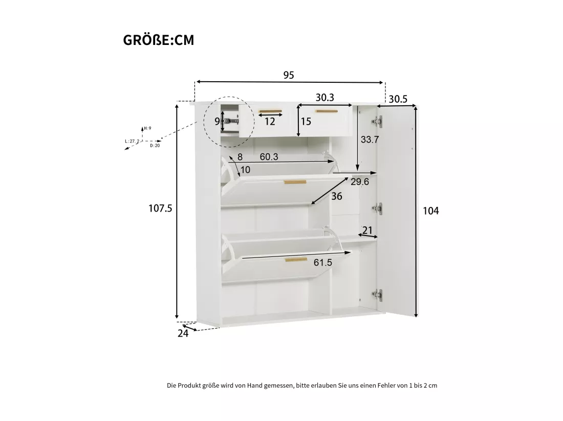 Meuble à chaussures avec 3 portes et 2 tiroirs - 95 x 24 x 107.5 cm - Etagères réglables - Panneau de particules - Blanc