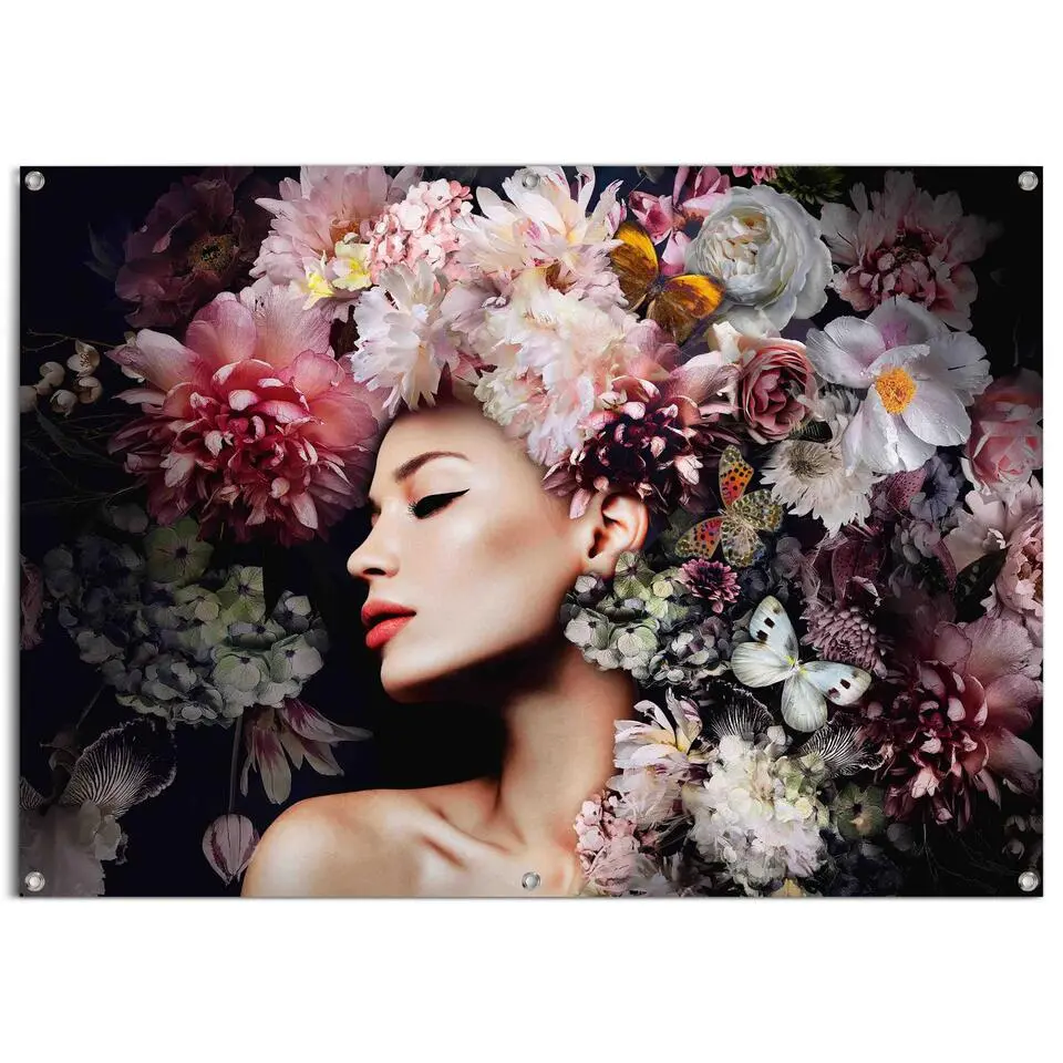 Tuinposter Vrouw met bloemenhoed - 100x140cm - Roze