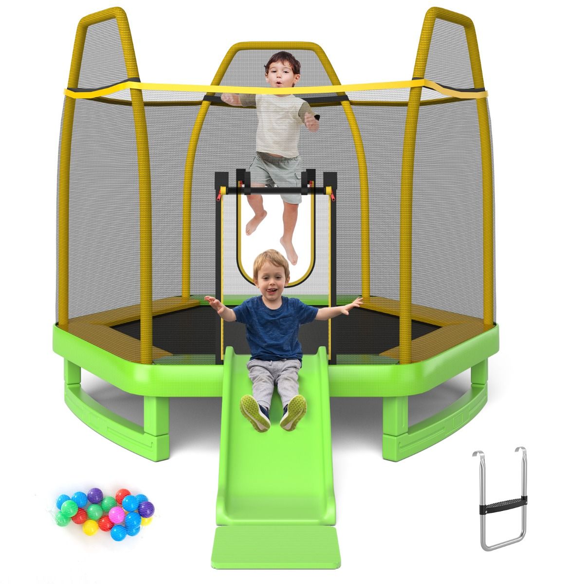 Trampoline Extérieur Ø 223cm avec Toboggan&Echelle avec Filet de Sécurité 2 Portes en U Charge 270kg pour 2-3 Enfants de 3 Ans+ Bleu/Vert - Lidl-Manfred