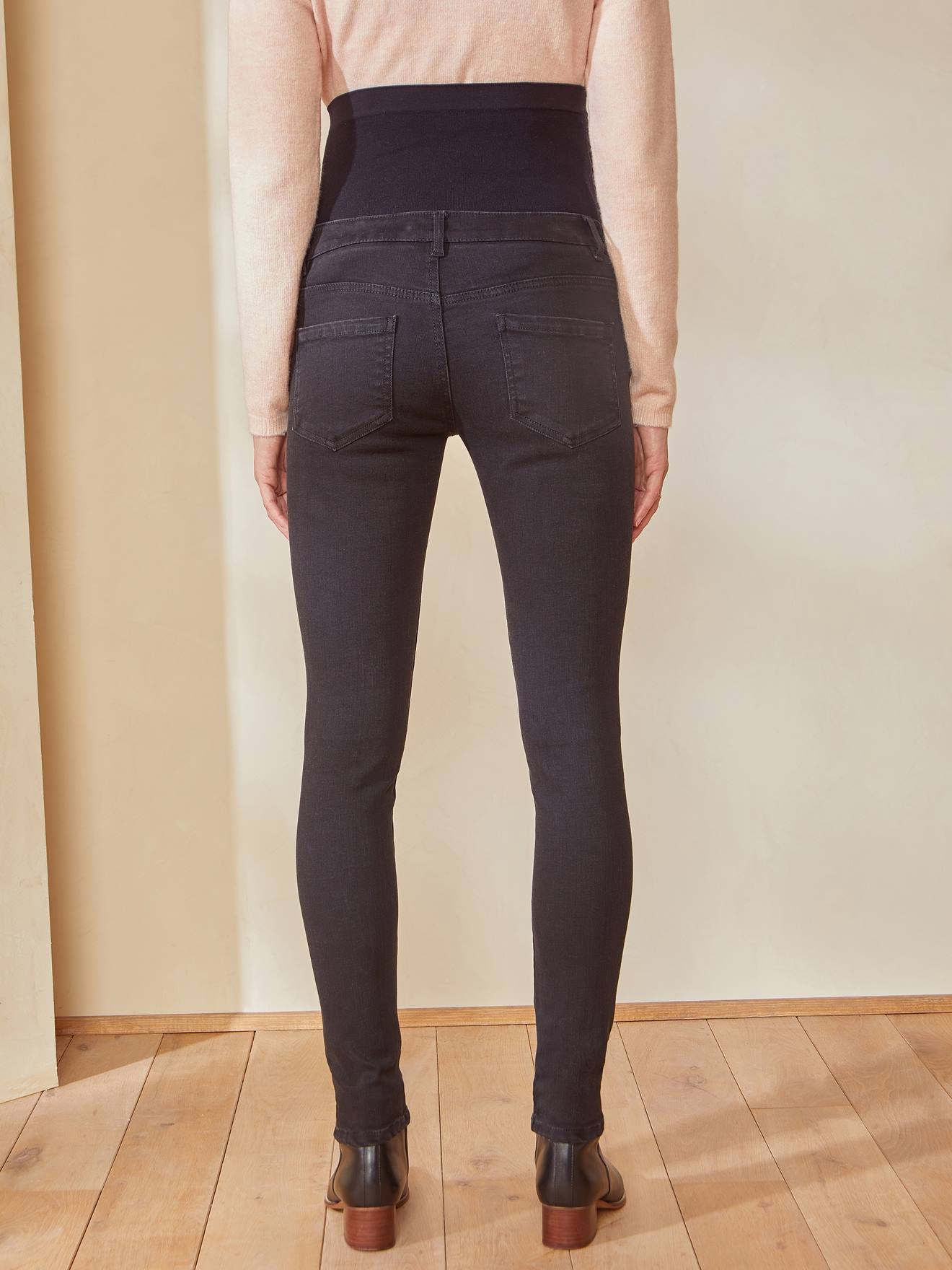 Calça jeans skinny de gestante com cós sem costura, azul escuro liso