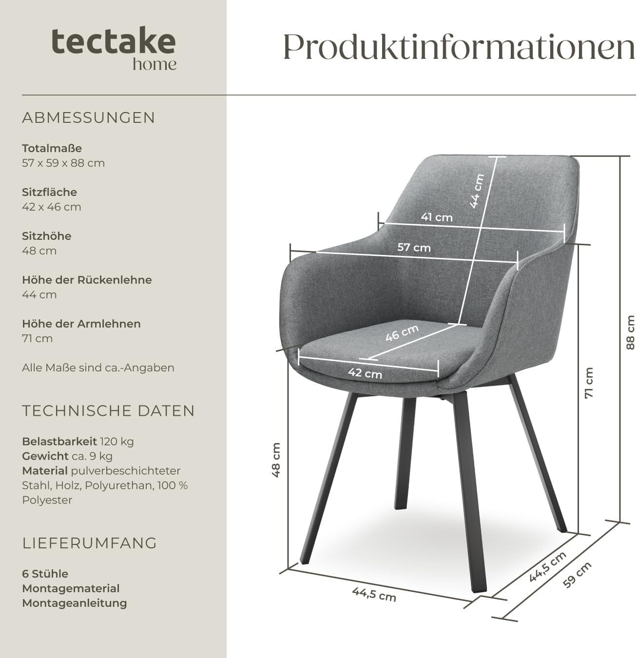 tectake® 6er Set Stuhl drehbar, Esszimmerstühle mit Armlehne, Küchenstühle, Stühle Esszimmer, Drehstühle für Dining Lounge, Esstisch, Schminktisch, Armlehnstuhl, Esszimmermöbel - anthrazit