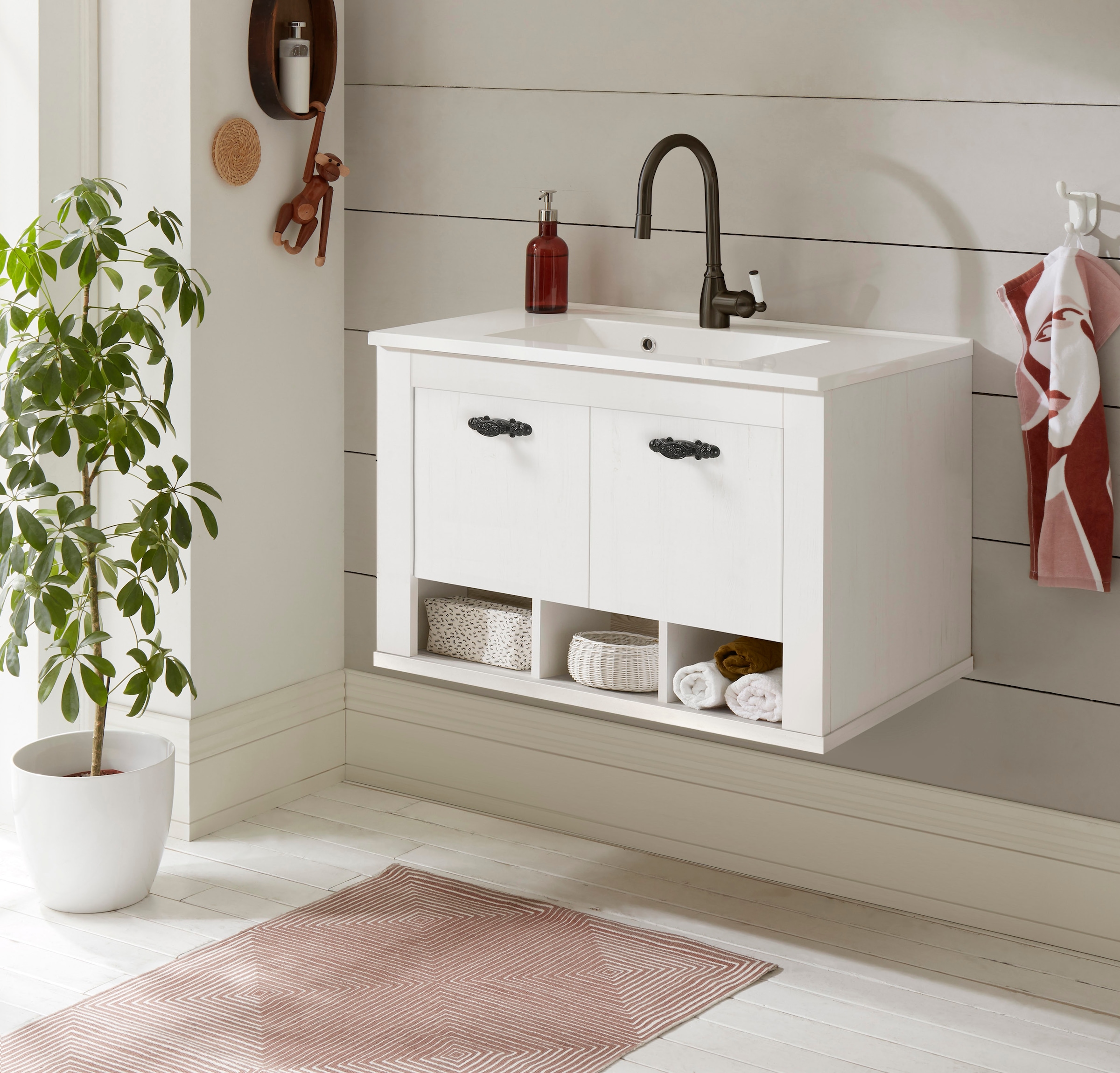 Home affaire Waschtisch »Florenz, Waschbeckenunterschrank inkl. Waschbecken, Metallgriffe« in Pinie Weiss, hängend, Breite 82 cm, inkl. Mineralgussbecken