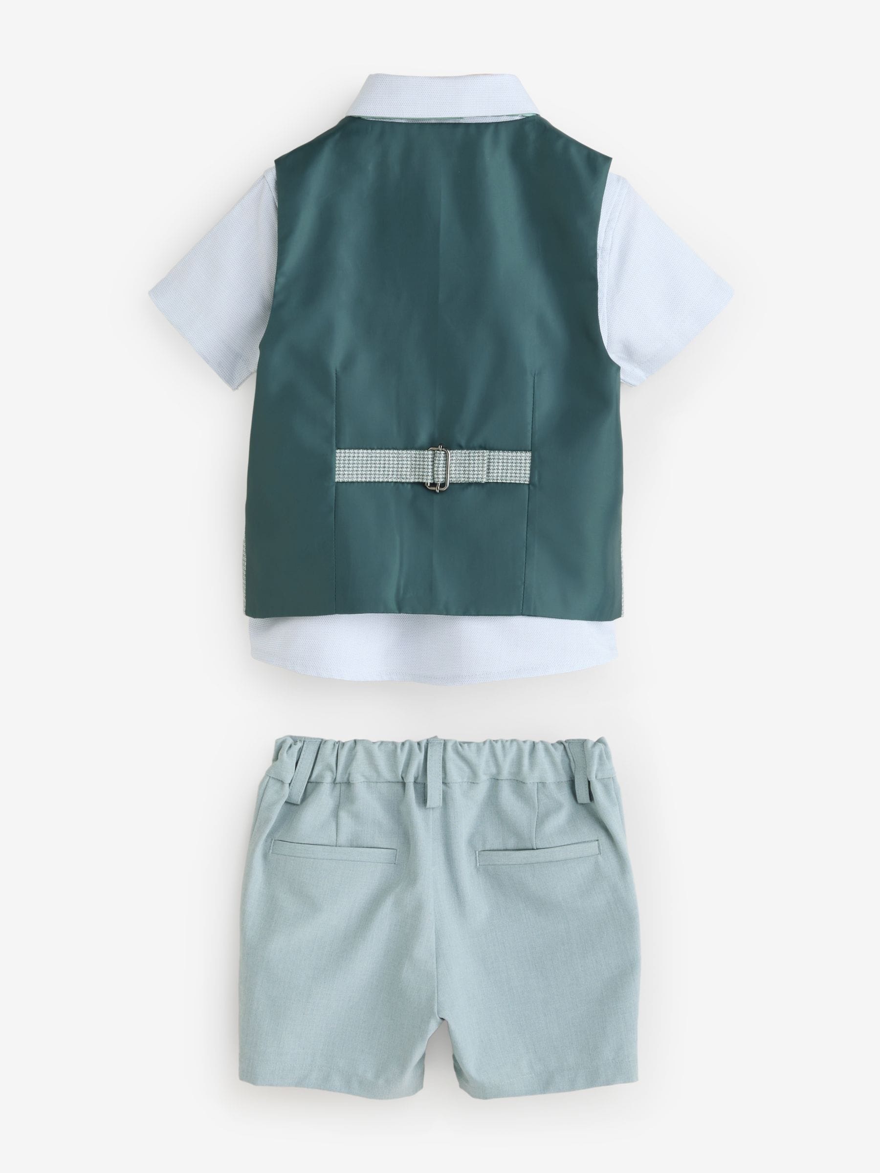 Sage Green Puppytooth - Set met gilet, overhemd, shorts en vlinderdas (3mnd -9jr)