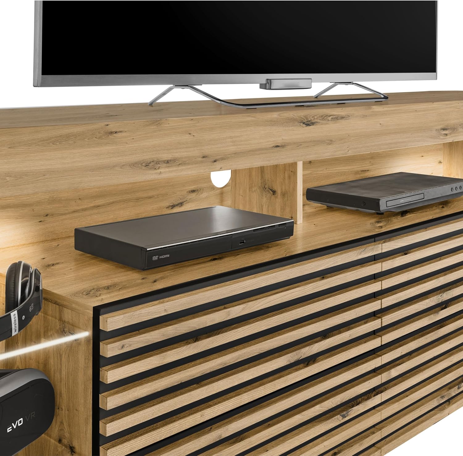 Goal 2 TV-Lowboard mit LED-Beleuchtung in Artisan Eiche Optik, Schwarz - TV Schrank mit viel Stauraum für Ihr Wohnzimmer - 179 x 67 x 44 cm (B/H/T)