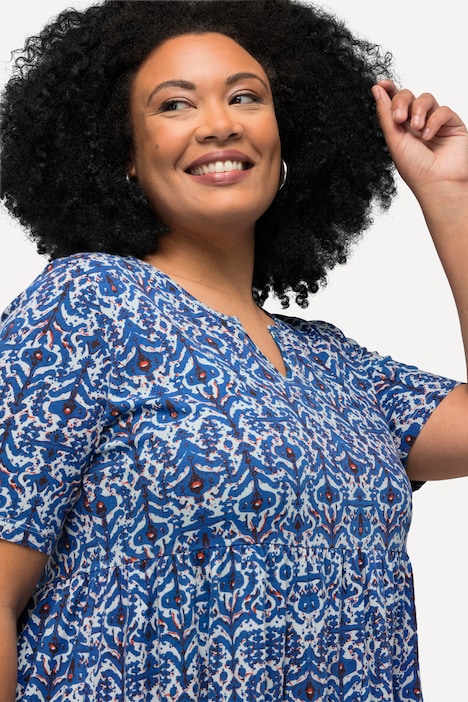 Jerseykleid, grafischer Druck, Tunika-Ausschnitt, Halbarm