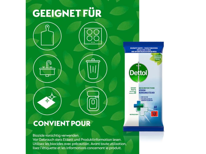 Dettol Desinfektion Hygiene-Reinigungstücher 60 Stück Antibakterieller Oberflächenreiniger mit neutralem Duft