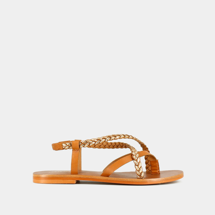 Sandales à brides tressées  en cuir camel et or