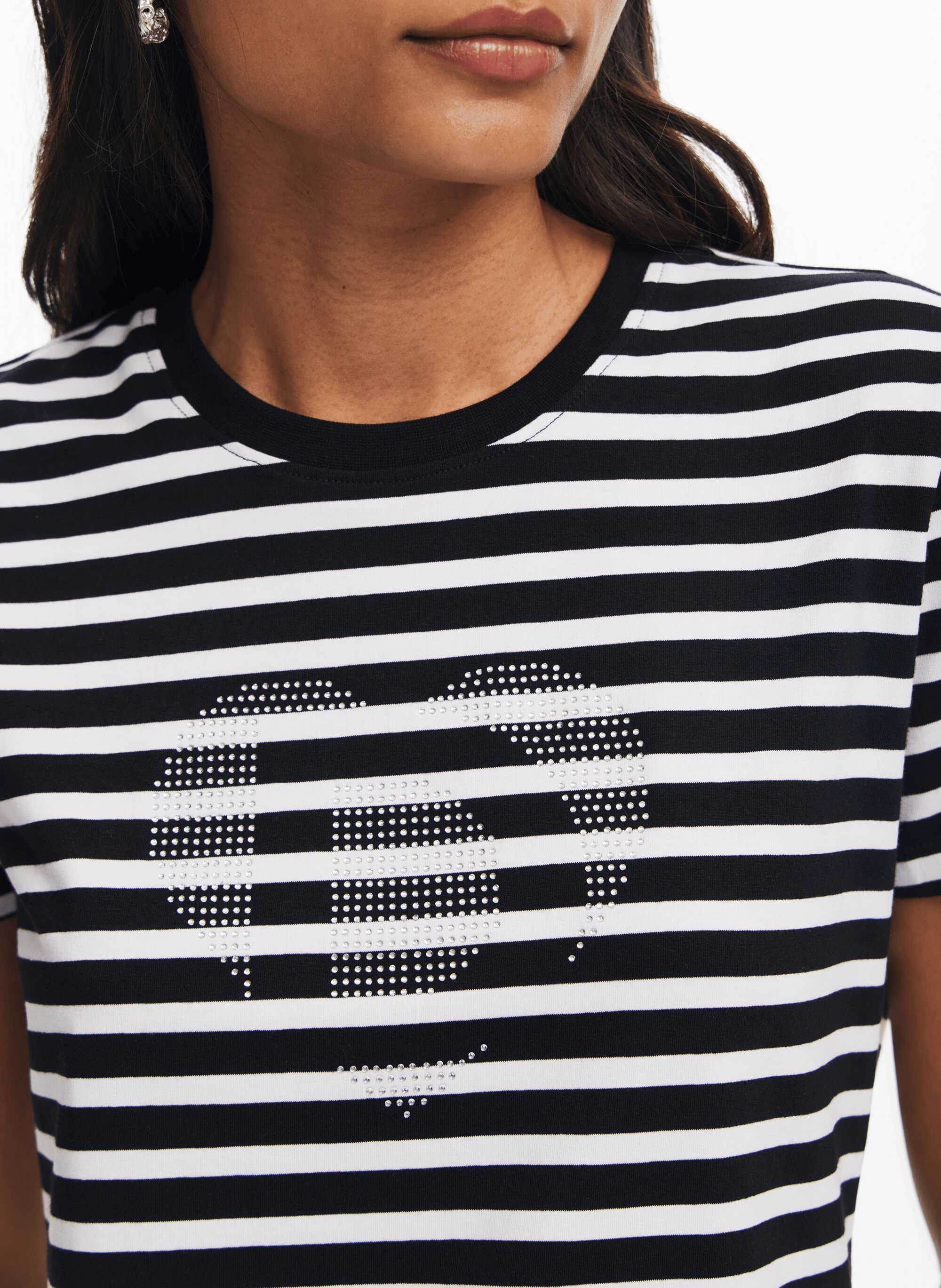 Tee-shirt col rond droit en coton mélangé rayé | Blanc