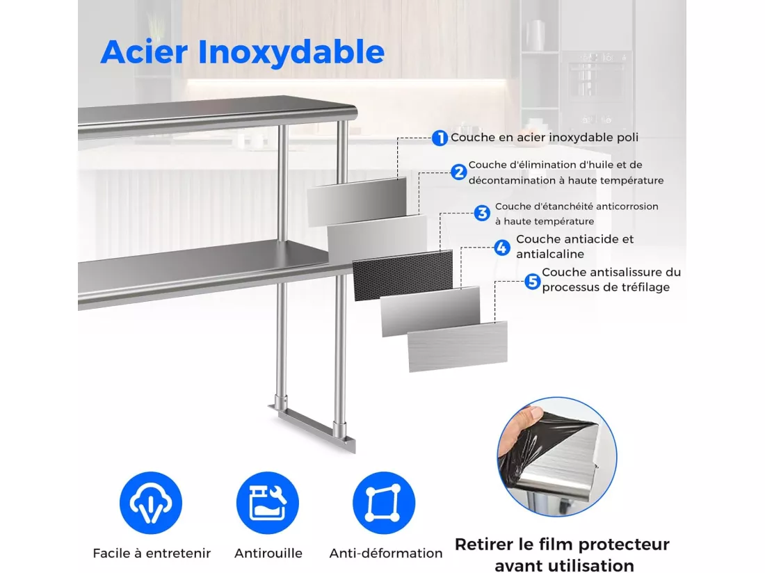 Table de Travail Cuisine 61 x 122 x171 cm avec Étagère Supplémentaire à 2 Niveaux, Acier INOX, Plateau Inférieure Réglable, Charge 617 kg, pour Cuisine, Restaurant, Hôtel