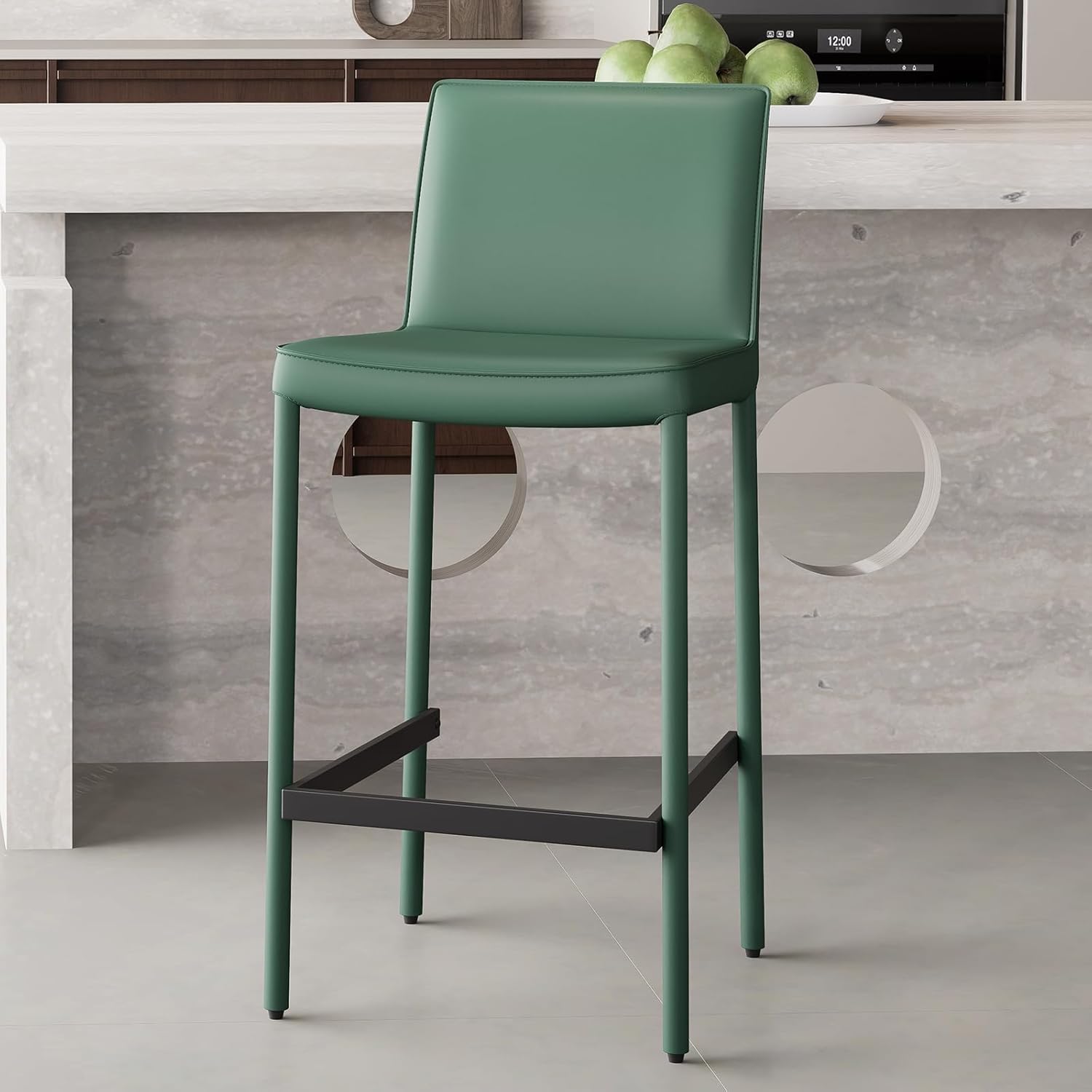 YOUTASTE Barhocker Einzeln, Voll-Leder Barstühle, Küchenstühle mit Rückenlehne, Tresenhocker Bistrohocker mit Fußstütze, Metallrahmen, für Küche, Wohnzimmer, Bar, Retro, Dunkelgrün