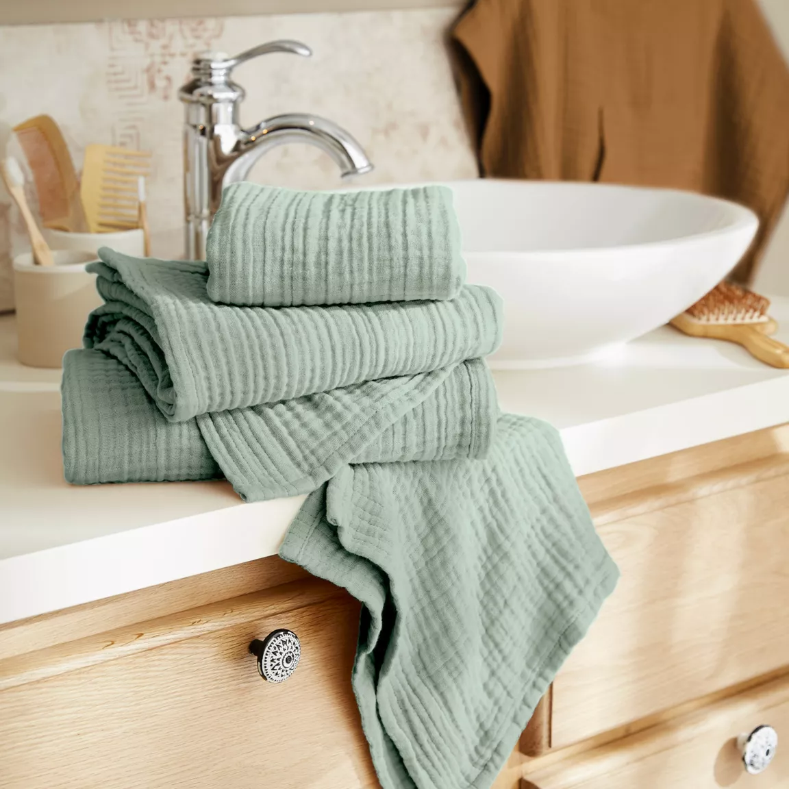 Serviette de bain gaze de coton (30 x 50 cm) Gaïa Vert eucalyptus