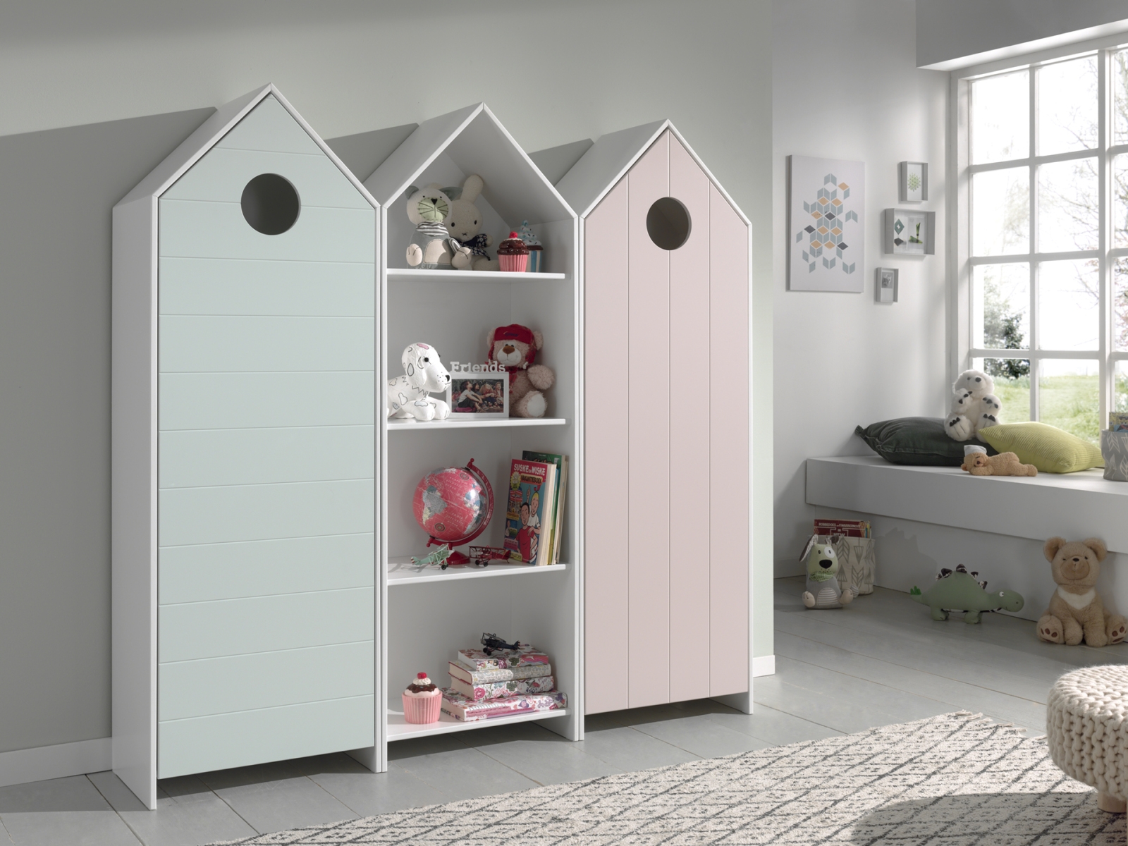 3er-Schrank-Set CASAMI - weiß-mint-rosa - Strandhaus-Design - 172 cm breit